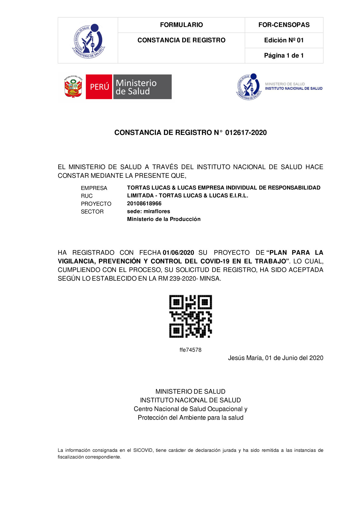 Constancia de registro Minsa - Sede Miraflores